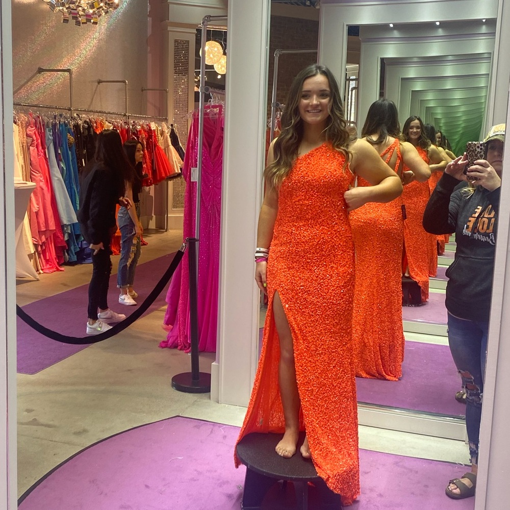 Sherri Hill orange high neck one shoulder dress